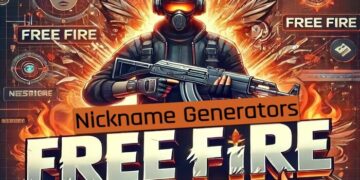 Imagem dinâmica que apresenta uma personagem Free Fire com um fundo de padrões digitais e chamas, realçando o texto "Geradores de alcunhas". A imagem transmite um design energético e moderno, adequado para um artigo intitulado "Free Fire Nickname Generator".