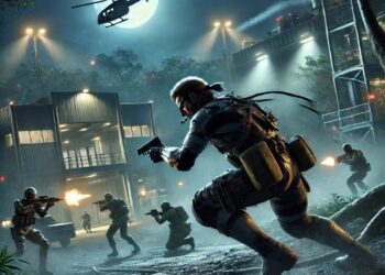 Snake en una intensa escena de acción de Metal Gear Solid Delta, ambientada en una base militar de alta tecnología dentro de una densa jungla por la noche. La tensa atmósfera muestra combates sigilosos, armamento avanzado e instalaciones de alta tecnología bajo la luz de la luna y focos tácticos.