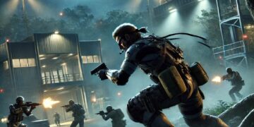 Snake numa cena de ação intensa de Metal Gear Solid Delta, passada numa base militar de alta tecnologia numa selva densa à noite. A atmosfera tensa mostra combates furtivos, armamento avançado e instalações de alta tecnologia sob o luar e holofotes tácticos.