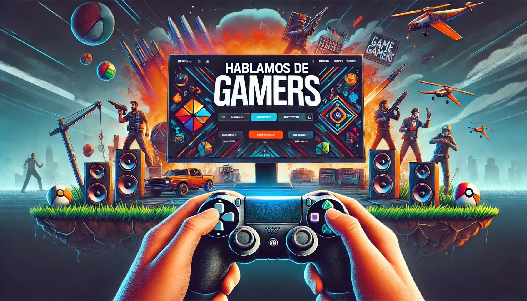 A vibrant and engaging image depicting the gaming platform HDG (HablamosDeGamers). The image features a player holding a gaming controller, a large screen displaying the HDG website, and various gaming elements such as characters, drones, and gaming gear in the background, emphasizing the dynamic and immersive gaming community of HDG.
