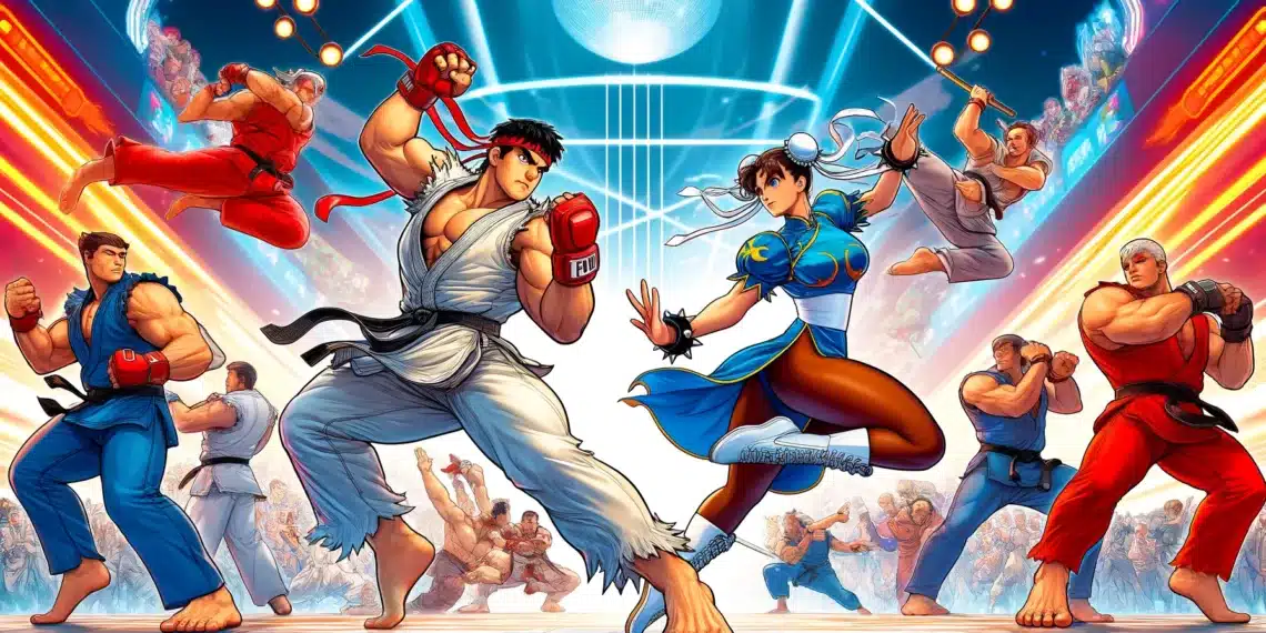 Personajes icónicos de Street Fighter 6, incluidos Ryu, Chun-Li y Ken, en una arena dinámica con multitudes aclamando y luces vibrantes.