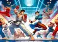 Personajes icónicos de Street Fighter 6, incluidos Ryu, Chun-Li y Ken, en una arena dinámica con multitudes aclamando y luces vibrantes.