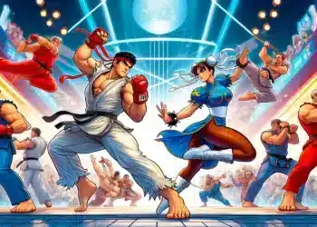 Personajes icónicos de Street Fighter 6, incluidos Ryu, Chun-Li y Ken, en una arena dinámica con multitudes aclamando y luces vibrantes.