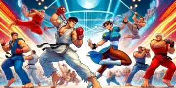 Iconic Street Fighter 6 characters, including Ryu, Chun-Li, and Ken, in a dynamic arena with cheering crowds and vibrant lights.