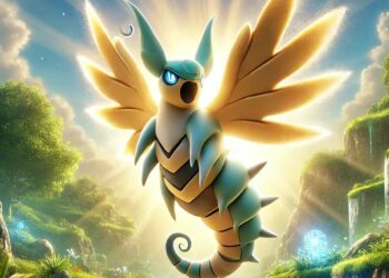 Una imagen realista y detallada de una evolución de Dunsparce, situada en un paisaje vibrante y exuberante. La evolución Dunsparce cuenta con intrincados diseños de alas, ojos brillantes y un aura majestuosa, que combina a la perfección con el entorno natural.