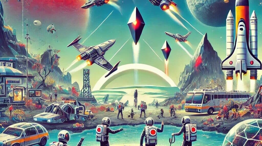 Vibrante imagen que ilustra una guía multijugador de No Man's Sky, en la que varios jugadores exploran planetas, construyen bases y pilotan naves espaciales. El fondo muestra coloridos paisajes alienígenas, estructuras futuristas y elementos espaciales como estrellas y galaxias, que reflejan el espíritu aventurero y cooperativo del juego.