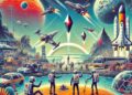 Uma imagem vibrante que ilustra um guia multijogador para No Man's Sky, mostrando vários jogadores a explorar planetas, construir bases e pilotar naves espaciais. O fundo apresenta paisagens alienígenas coloridas, estruturas futuristas e elementos espaciais como estrelas e galáxias, reflectindo o espírito aventureiro e cooperativo do jogo.