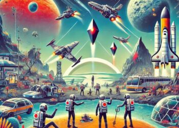 Vibrante imagen que ilustra una guía multijugador de No Man's Sky, en la que varios jugadores exploran planetas, construyen bases y pilotan naves espaciales. El fondo muestra coloridos paisajes alienígenas, estructuras futuristas y elementos espaciales como estrellas y galaxias, que reflejan el espíritu aventurero y cooperativo del juego.