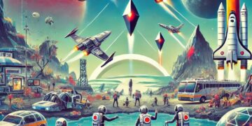 Vibrante imagen que ilustra una guía multijugador de No Man's Sky, en la que varios jugadores exploran planetas, construyen bases y pilotan naves espaciales. El fondo muestra coloridos paisajes alienígenas, estructuras futuristas y elementos espaciales como estrellas y galaxias, que reflejan el espíritu aventurero y cooperativo del juego.