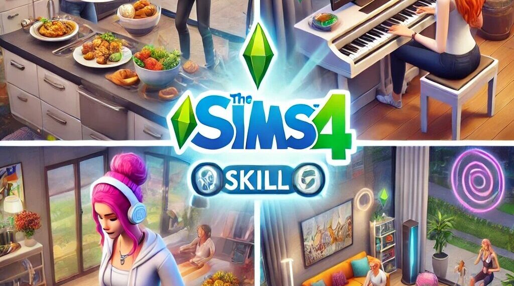 Cena de The Sims 4 que mostra um Sim a usar cheats de habilidades, a cozinhar numa cozinha moderna, a tocar piano numa sala de estar com estilo e a fazer exercício num ginásio em casa, destacando habilidades avançadas conseguidas através de cheats.