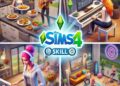 Cena de The Sims 4 que mostra um Sim a usar cheats de habilidades, a cozinhar numa cozinha moderna, a tocar piano numa sala de estar com estilo e a fazer exercício num ginásio em casa, destacando habilidades avançadas conseguidas através de cheats.