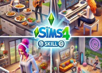The Sims 4 scene showing a Sim using skill cheats, cooking in a modern kitchen, playing the piano in a stylish living room, and exercising in a home gym, highlighting advanced skills achieved through cheats.