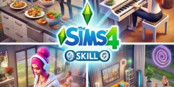 Escena de Los Sims 4 en la que se muestra a un Sim usando trampas de habilidades, cocinando en una cocina moderna, tocando el piano en un elegante salón y haciendo ejercicio en un gimnasio doméstico, destacando las habilidades avanzadas conseguidas mediante trampas.