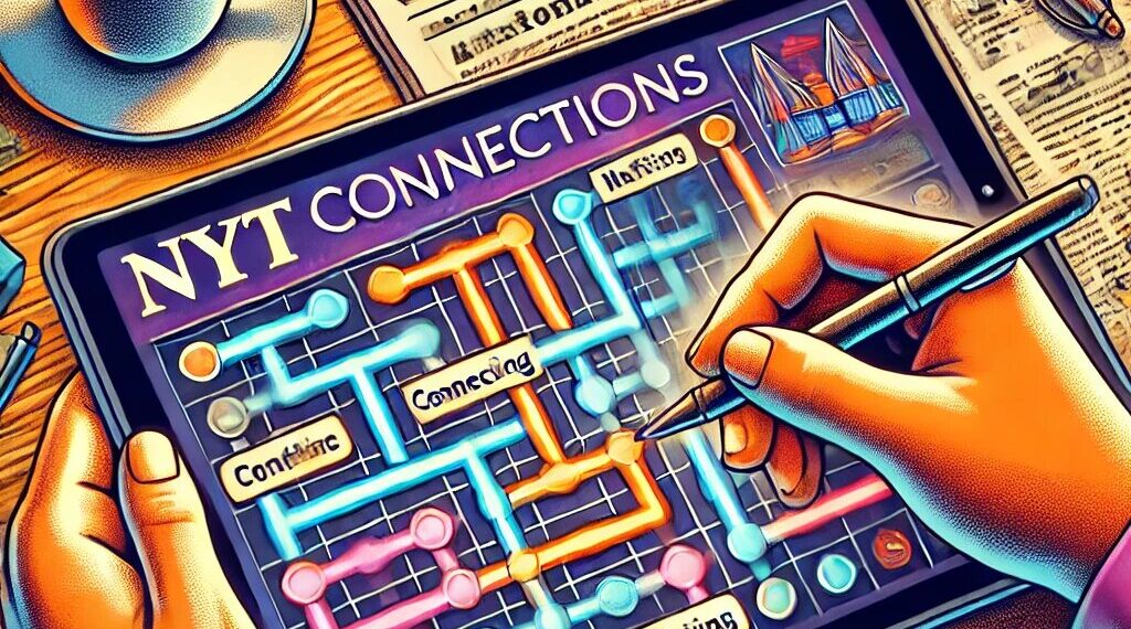 Ilustración detallada y vibrante de un jugador jugando a un puzzle de NYT Connections en una tableta. El fondo muestra un entorno acogedor con una taza de café y un cuaderno, lo que enfatiza la naturaleza analítica y relajada del juego.