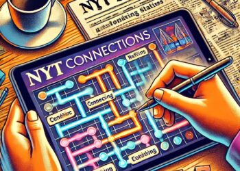 Ilustración detallada y vibrante de un jugador jugando a un puzzle de NYT Connections en una tableta. El fondo muestra un entorno acogedor con una taza de café y un cuaderno, lo que enfatiza la naturaleza analítica y relajada del juego.