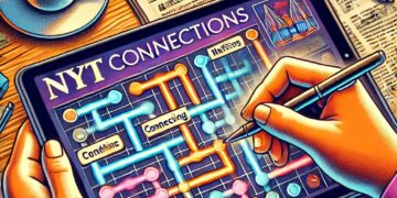 Ilustração detalhada e vibrante de um jogador a jogar um puzzle do NYT Connections num tablet. O fundo mostra um cenário acolhedor com uma chávena de café e um bloco de notas, realçando a natureza analítica e descontraída do jogo.