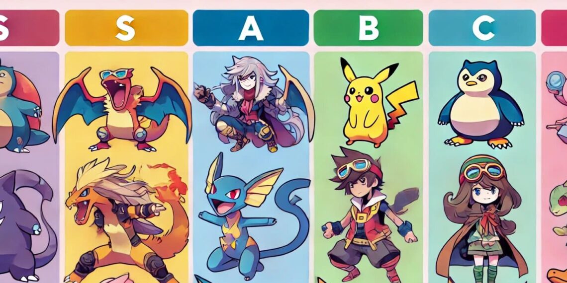 This image displays a vibrant Pokémon Unite tier list, categorizing heroes into S, A, B, C, and D tiers. Each tier is color-coded, showcasing the strength of various Pokémon-like characters for easy reference.