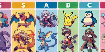Esta imagem apresenta uma vibrante lista de níveis do Pokémon Unite, categorizando os heróis em níveis S, A, B, C e D. Cada nível está codificado por cores, mostrando a força de várias personagens semelhantes a Pokémon para facilitar a consulta.