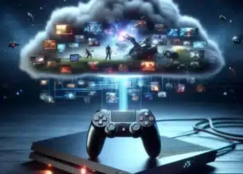 Imagen de la consola y el controlador PlayStation con una nube digital en lo alto, que representa varios juegos y personajes, lo que representa el concepto de juego en la nube de PlayStation.