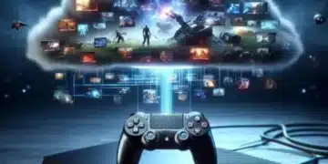 image of PlayStation console and controller with a digital cloud overhead, depicting various games and characters, representing the concept of PlayStation cloud gaming.