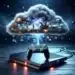 image of PlayStation console and controller with a digital cloud overhead, depicting various games and characters, representing the concept of PlayStation cloud gaming.