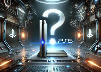 Consola de videojuegos futurista con la etiqueta «PS6», detalles brillantes y acabado metálico. Un gran signo de interrogación se cierne sobre la imagen, resaltando el misterio y la expectación que despierta la PS6.