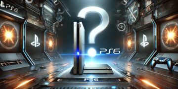 Futuristic gaming console labeled 'PS6' with glowing accents and a metallic finish. A large question mark hovers above, highlighting the mystery and anticipation for the PS6.