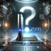 Consola de videojuegos futurista con la etiqueta «PS6», detalles brillantes y acabado metálico. Un gran signo de interrogación se cierne sobre la imagen, resaltando el misterio y la expectación que despierta la PS6.