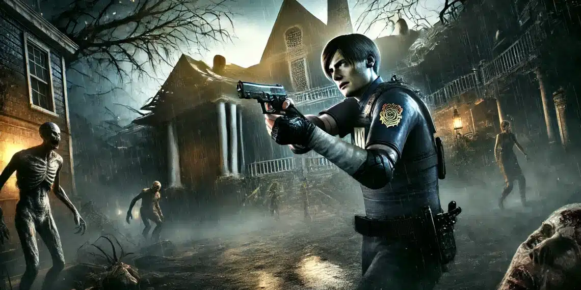 Leon S. Kennedy from Resident Evil 4 Remake aims his pistol in a dark, eerie village. Dilapidated buildings and grotesque creatures enhance the tense, horror atmosphere.