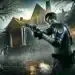 Leon S. Kennedy de Resident Evil 4 Remake apunta con su pistola a un pueblo oscuro y espeluznante. Los edificios ruinosos y las criaturas grotescas realzan la atmósfera tensa y de terror.