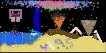 A vibrant scene from Sandboxels showing various mods in use. The sandbox environment features colorful elements like fire, water, plants, and machinery interacting, with a user interface displaying tools and mod options.