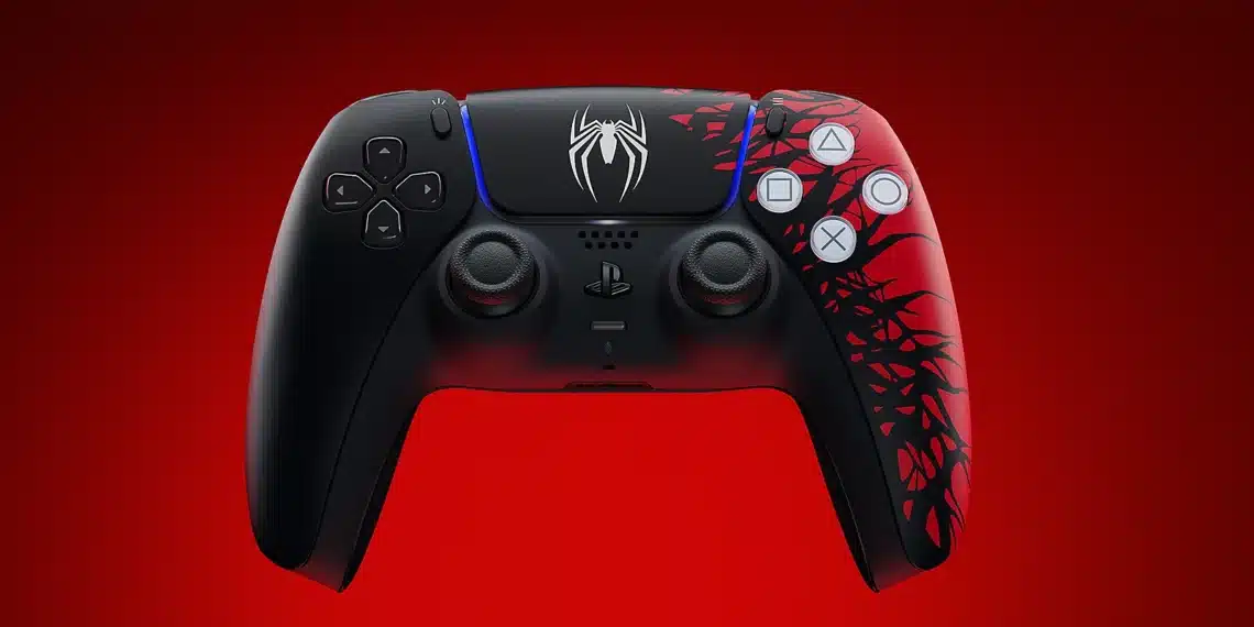 Limited edition Spider-Man 2 PS5 controller with black and red design, featuring the Spider-Man logo and web pattern.