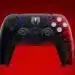 Controlador Spider-Man 2 PS5 de edição limitada com design preto e vermelho, apresentando o logotipo do Homem-Aranha e padrão de teia.