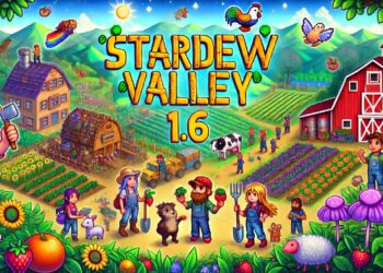 A vibrant and detailed illustration showcasing the new features and updates in Stardew Valley 1.6, including new crops, animals, and expanded storylines, with the text 'Stardew Valley 1.6' prominently displayed in the center.