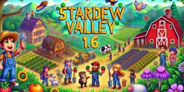 Uma ilustração vibrante e pormenorizada que apresenta as novas funcionalidades e actualizações de Stardew Valley 1.6, incluindo novas colheitas, animais e histórias alargadas, com o texto “Stardew Valley 1.6” em destaque no centro.