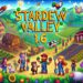 Una ilustración vibrante y detallada que muestra las nuevas características y actualizaciones de Stardew Valley 1.6, incluidos nuevos cultivos, animales y argumentos ampliados, con el texto «Stardew Valley 1.6» en un lugar destacado del centro.