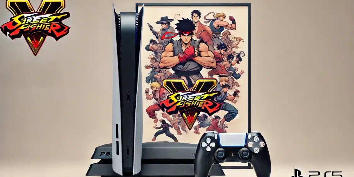 A promotional image for Street Fighter 6 on PS5, featuring a PS5 console, controller, and game cover art with various Street Fighter characters and the Street Fighter V logo.