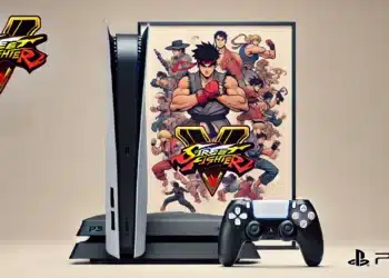 Uma imagem promocional de Street Fighter 6 no PS5, apresentando um console PS5, controle e arte de capa do jogo com vários personagens de Street Fighter e o logotipo de Street Fighter V.