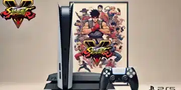 A promotional image for Street Fighter 6 on PS5, featuring a PS5 console, controller, and game cover art with various Street Fighter characters and the Street Fighter V logo.
