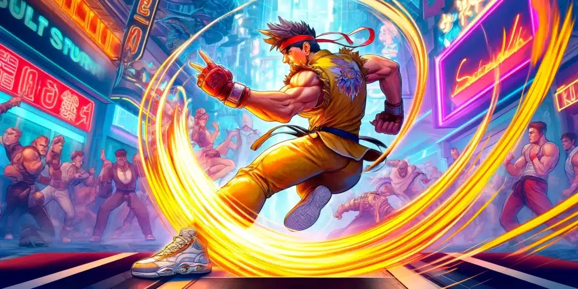 Una vibrante ilustración de un personaje DLC de Street Fighter 6 con un traje amarillo de artes marciales, ejecutando una patada giratoria dinámica con un rastro de fuego en una escena urbana iluminada con luces de neón.