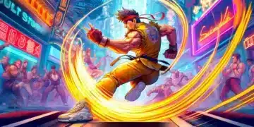 Una vibrante ilustración de un personaje DLC de Street Fighter 6 con un traje amarillo de artes marciales, ejecutando una patada giratoria dinámica con un rastro de fuego en una escena urbana iluminada con luces de neón.