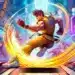 A vibrant illustration of a Street Fighter 6 DLC character in yellow martial arts attire, executing a dynamic spinning kick with a fiery trail in a neon-lit urban scene.