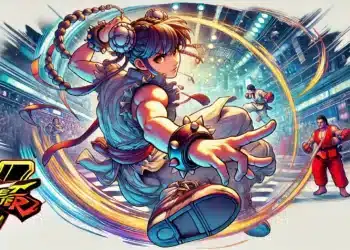 A dynamic Street Fighter full review image, showcasing a female character executing a powerful spinning kick with a glowing trail, surrounded by other fighters in a vibrant arena.