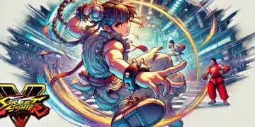 A dynamic Street Fighter full review image, showcasing a female character executing a powerful spinning kick with a glowing trail, surrounded by other fighters in a vibrant arena.