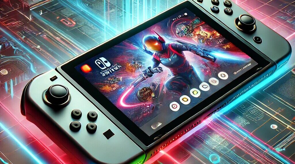 Consola Nintendo Switch 2 con un diseño elegante y moderno, gráficos avanzados, mandos mejorados y una pantalla vibrante, enmarcada en un entorno de juego dinámico y colorido.