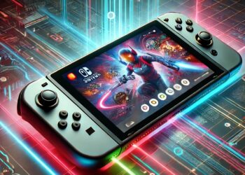 Consola Nintendo Switch 2 com um design elegante e moderno, gráficos avançados, comandos melhorados e um ecrã vibrante, num ambiente de jogo dinâmico e colorido.