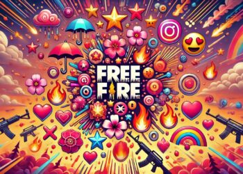 Ilustración vibrante con símbolos para Free Fire, como estrellas, flores, paraguas, letras estilizadas y emojis, alrededor del logotipo de Free Fire, con un fondo dinámico y colorido.