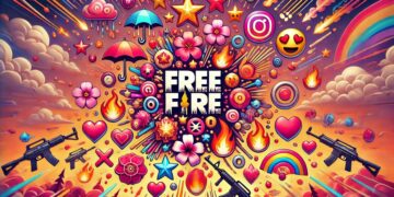 Vibrant illustration with symbols for Free Fire, such as stars, flowers, umbrellas, stylized letters and emojis, around the Free Fire logo, with a dynamic and colorful background.