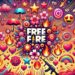 Vibrant illustration with symbols for Free Fire, such as stars, flowers, umbrellas, stylized letters and emojis, around the Free Fire logo, with a dynamic and colorful background.