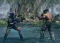 Una escena modificada de Tekken 8 que presenta a dos luchadores en una arena de bosque exuberante y detallada, destacando aspectos de personajes personalizados y modificaciones ambientales vibrantes.